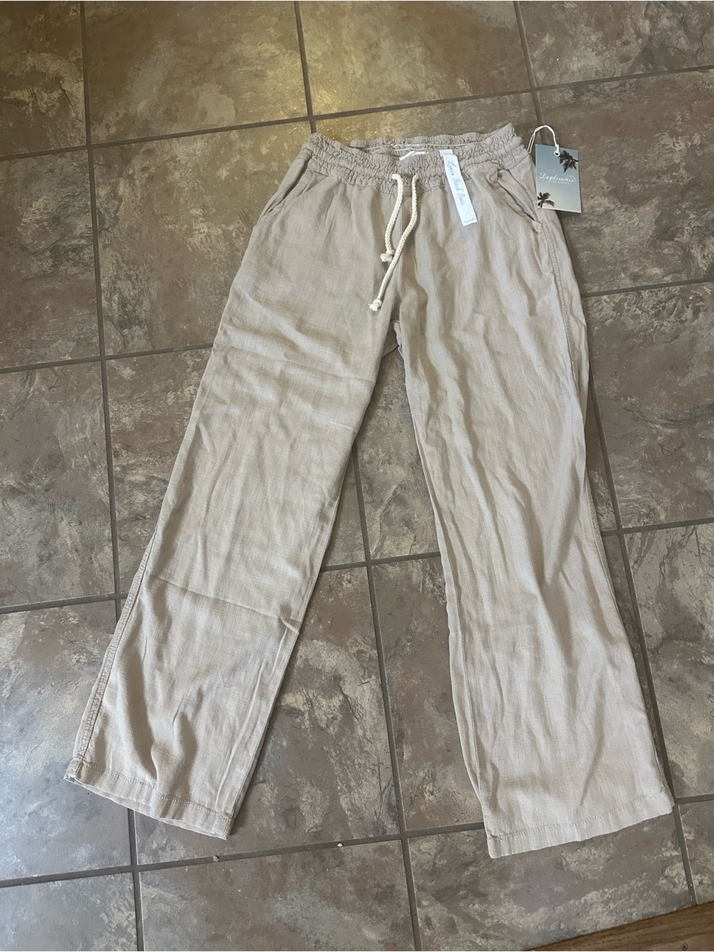 Daydreamer Light Beige Drawstring Linen-Blend Chinos